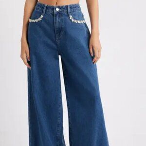 PTCL Embellished High Waist Cuffed Wide Leg Jeans in Rinse Wash. Sz: 29